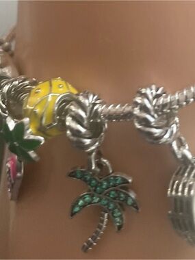 Passport Silver Charm Bracelet with Yellow Enamel Bead and Green Palm Tree